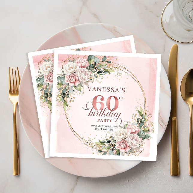 Guardanapos Chic Boho Dusty Pink Floral 60º Aniver (Chic Boho Dusty Pink Floral 60th Birthday Napkins)