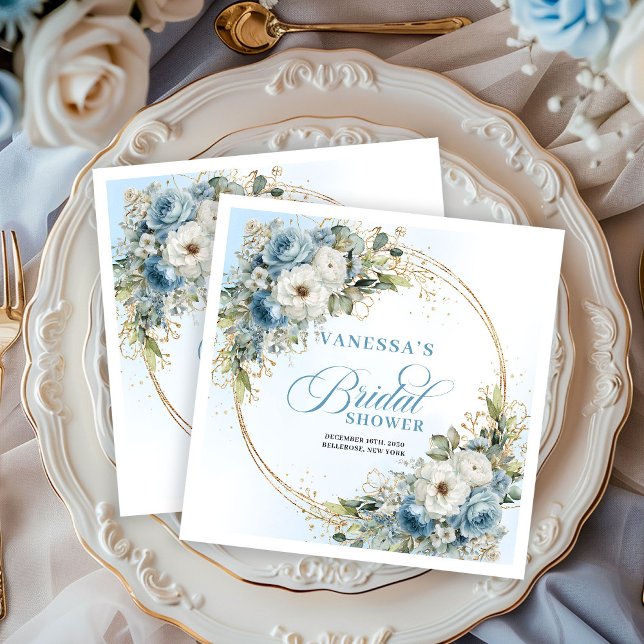 Guardanapos com flores azul pastel aquarela em mol (Watercolor pastel blue flowers gold frame napkins

)