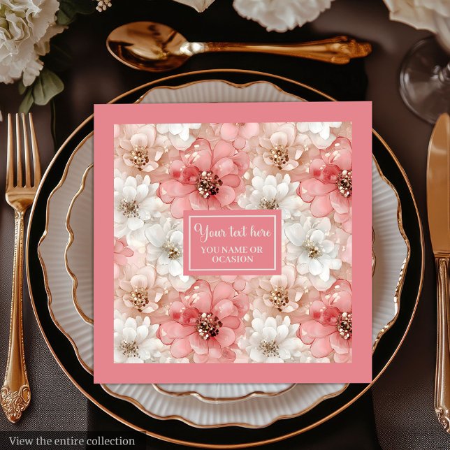 Guardanapos com Flores em Dourado Rosa Empoeirado  (Dusty Pink Gold Flowers Napkins Trendy Custom Name)