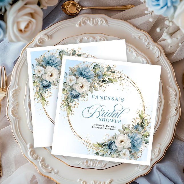 Guardanapos com moldura de glitter dourado e flore (Dusty blue boho florals gold glitter frame napkins

)