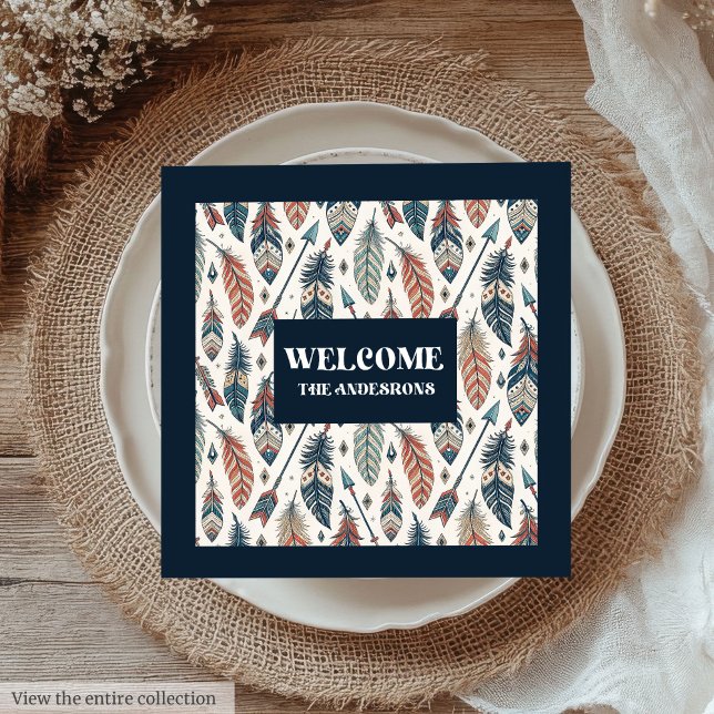 Guardanapos com Nome Personalizado Design de Penas (Custom Name Napkins Ethnic Chic Feathers Design)