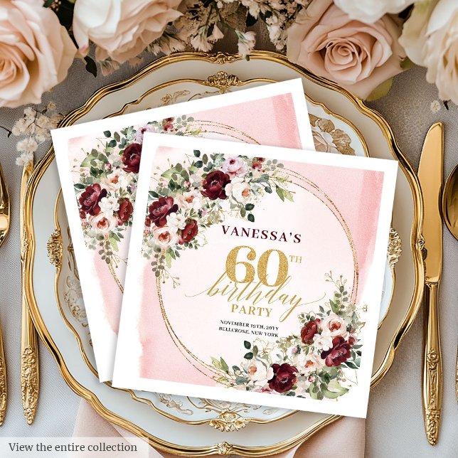 Guardanapos de 60 anos em tons de rosa e burgundy  (Watercolor Boho Burgundy Blush 60th Napkins)