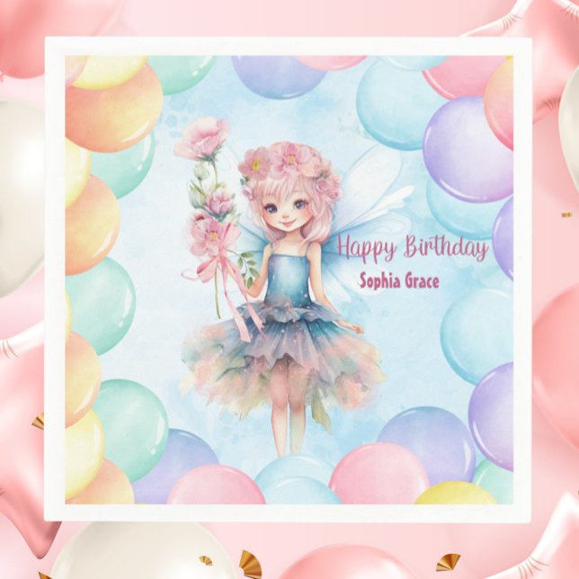 Guardanapos de aniversário azuis bonitos personali (Personalized Blue Fairy Birthday Napkins – Custom Name Party Decor with Balloons)
