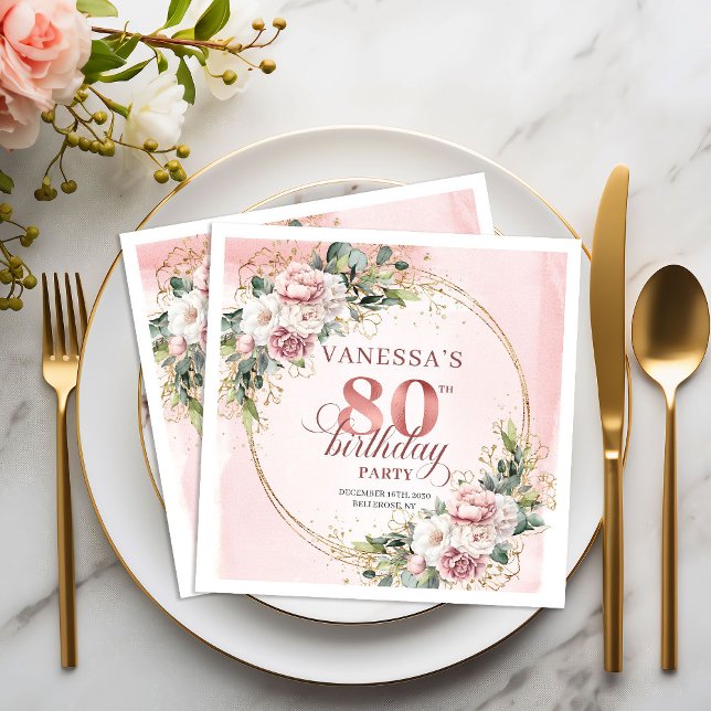 Guardanapos de aniversário de 80 anos em flores Bo (Rose Gold Boho Flowers 80th Birthday Napkins)