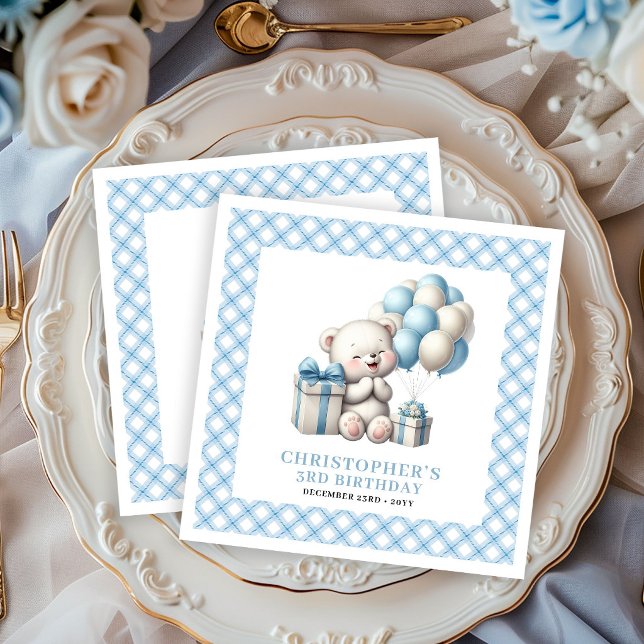 Guardanapos de Aniversário de Menino Tema Urso de  (Cool Boy Birthday Napkins Teddy Bear Balloon Theme)