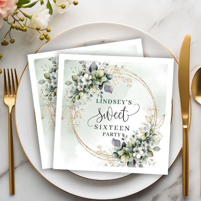 Guardanapos de aniversário de Sweet 16 Gold Botâni (Greenery Botanical Gold Sweet 16 Birthday Napkins)