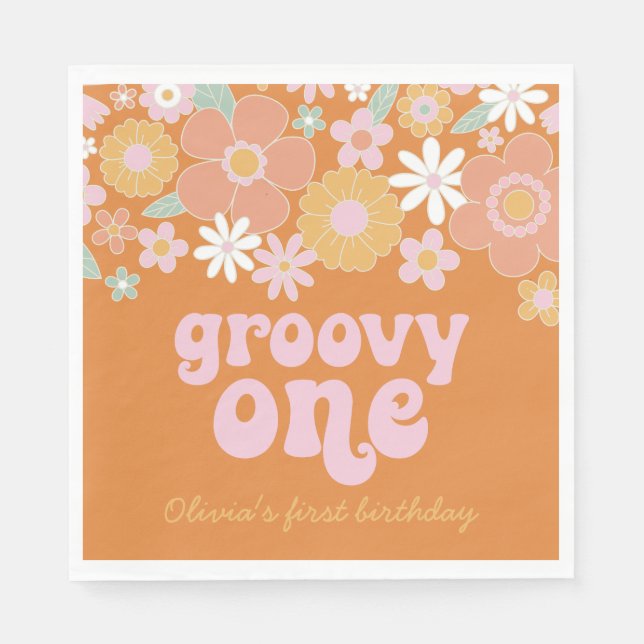 Guardanapos de aniversário Retro Floral Groovy One (Frente)