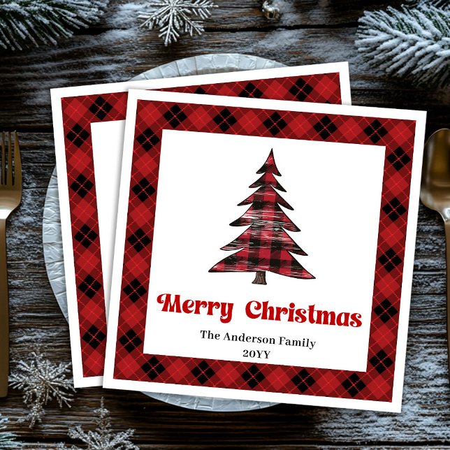 Guardanapos de árvore de búfalo modernos personali (Modern buffalo tree napkins personalized holiday

)