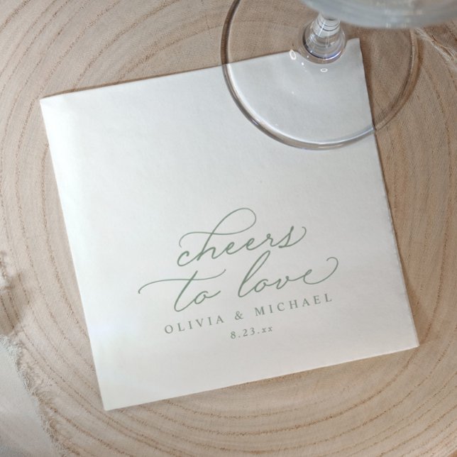 Guardanapos de casamento Cheers Elegantes Verde Sa (Elegant sage green “cheers to love” wedding napkins with calligraphy script, modern reception décor.)