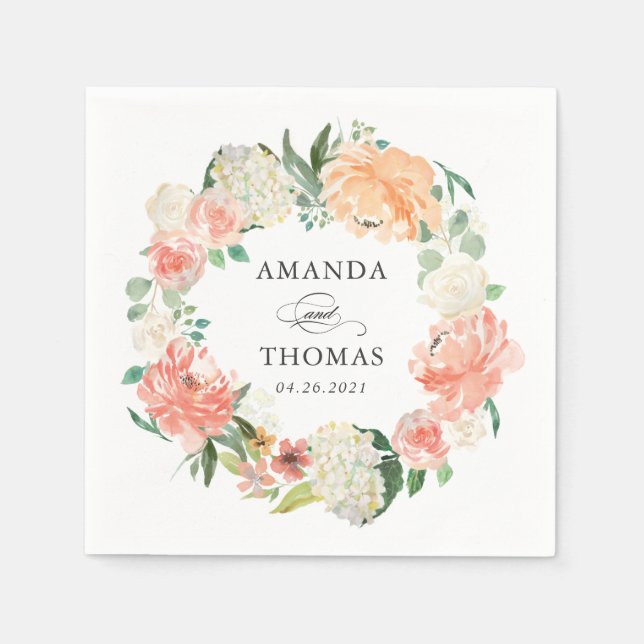 Guardanapos de casamento com coroa floral em coral (Frente)