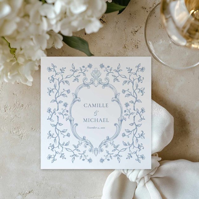 Guardanapos de casamento com crista e estampa Toil (Blue Crest and Toile Wedding Napkin)