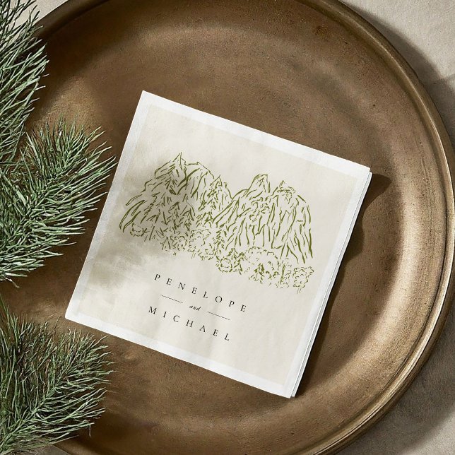 Guardanapos de casamento com desenho do Parque Nac (Yosemite National Park Mountain Range Line Art Wedding Napkins)