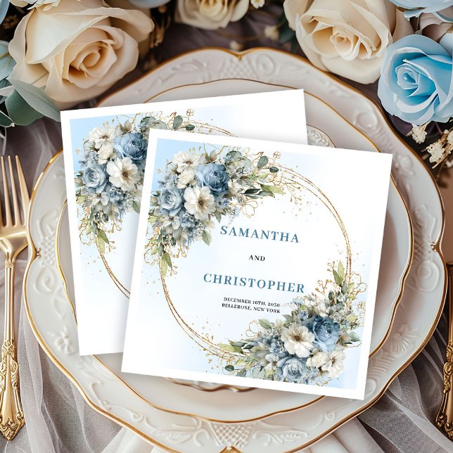 Guardanapos de casamento com flores azuis clássica (Classic Blue Flowers Gold Frame Wedding Napkins)