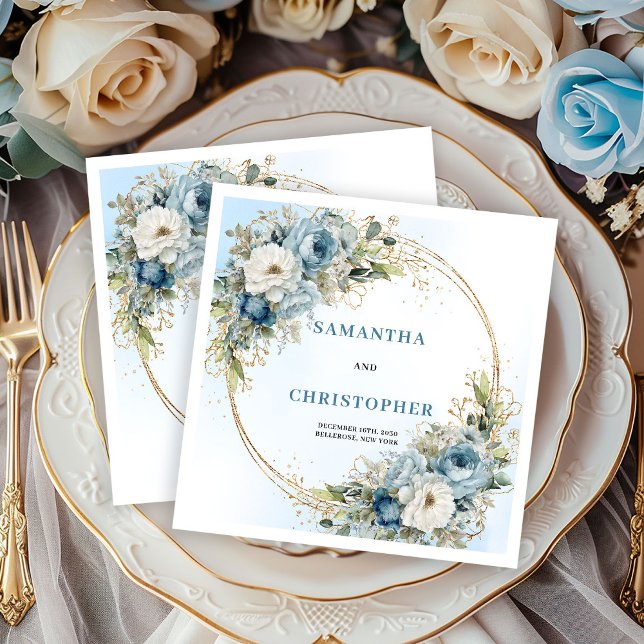Guardanapos de casamento com folhas de ouro e peôn (Romantic Blue Peonies Gold Foil Wedding Napkins)