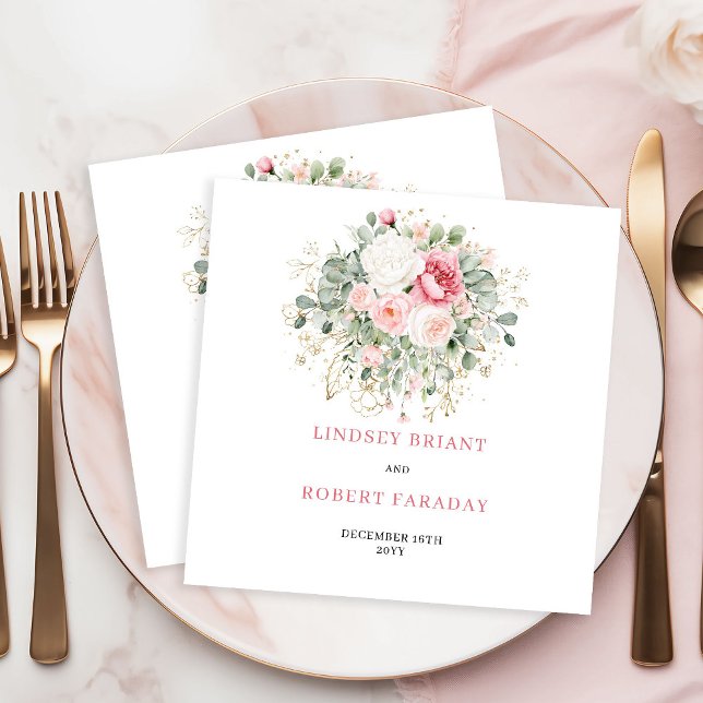Guardanapos de casamento com rosas e folhagens em  (Romantic Blush Roses Greenery Wedding Napkins)