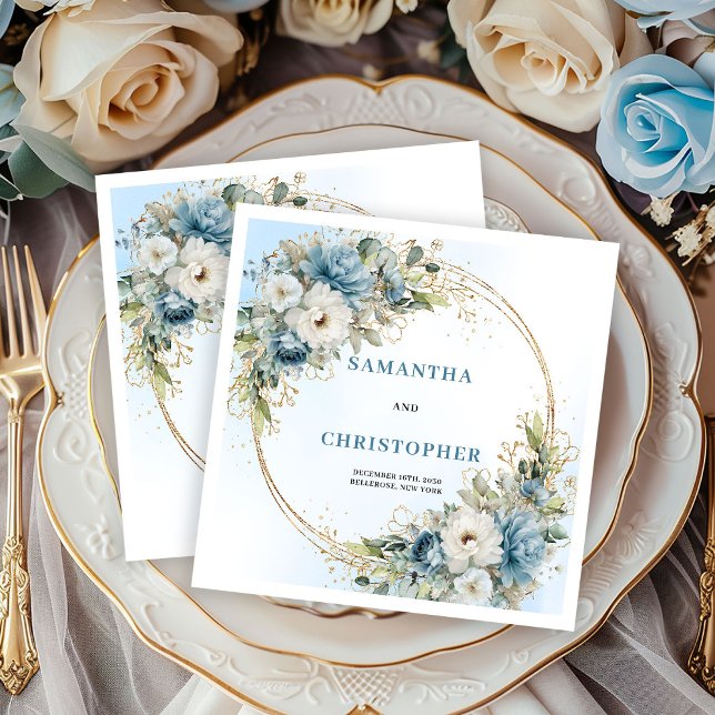 Guardanapos de casamento de peônias brancas azuis  (Stylish Blue White Peonies Wedding Napkins)