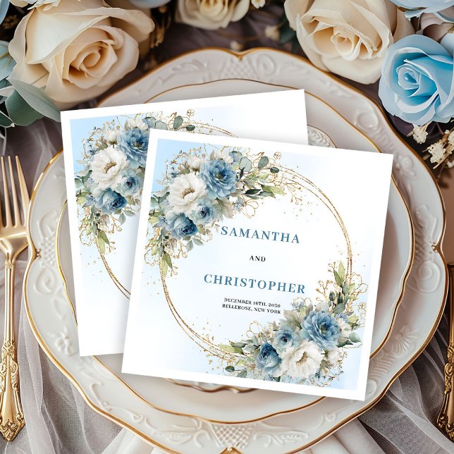 Guardanapos de casamento de rosas azuis luxuosas m (Luxury Blue Roses Gold Frame Wedding Napkins)