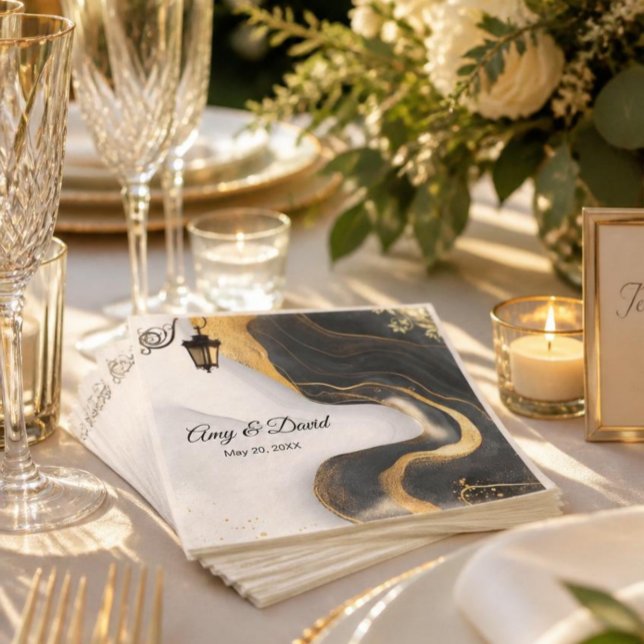 Guardanapos de casamento elegantes preto e dourado (Criador carregado)
