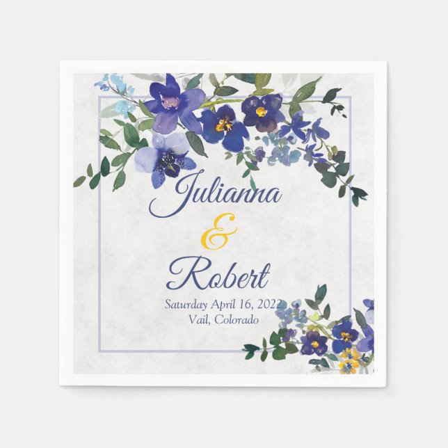 Guardanapos de casamento florais em aquarela azul  (Frente)
