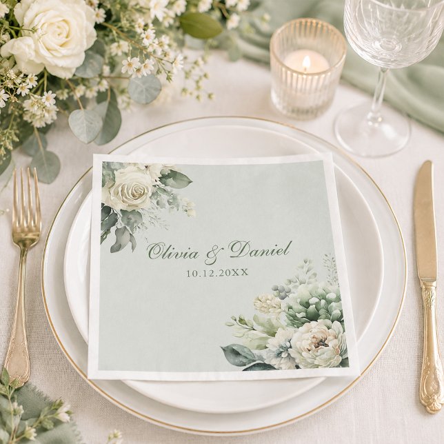 Guardanapos de casamento florais em verde suave de (Soft Sage Green Floral Wedding Napkin)