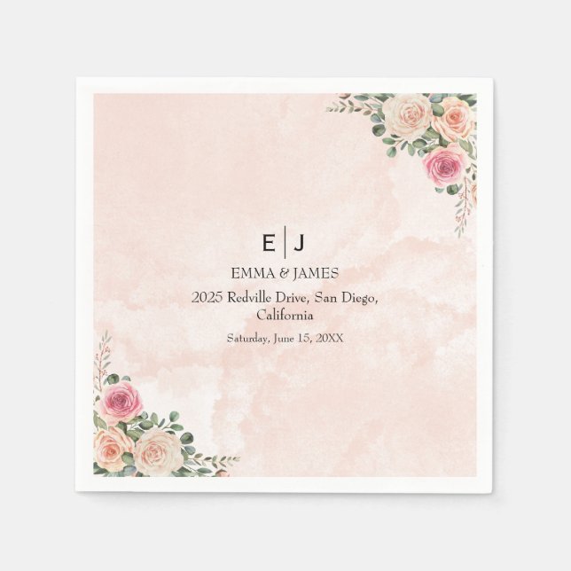 Guardanapos de casamento florais rosa creme (Frente)