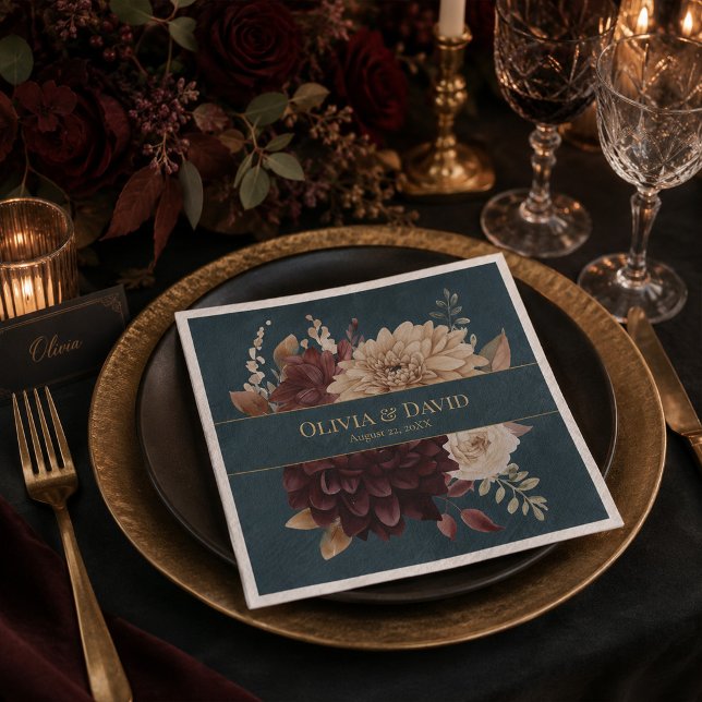 Guardanapos de casamento gótico floral em azul-tea (Dark Teal Floral Gothic Wedding Napkins)