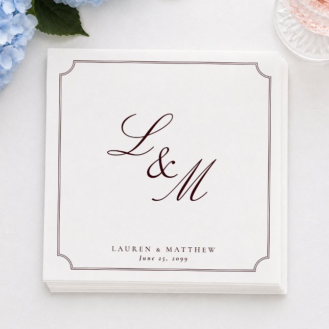 Guardanapos de casamento Minimal Burgundy Monogram (Criador carregado)