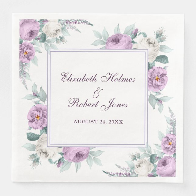 Guardanapos de casamento Peônias Roxo Lavanda Bran (Frente)