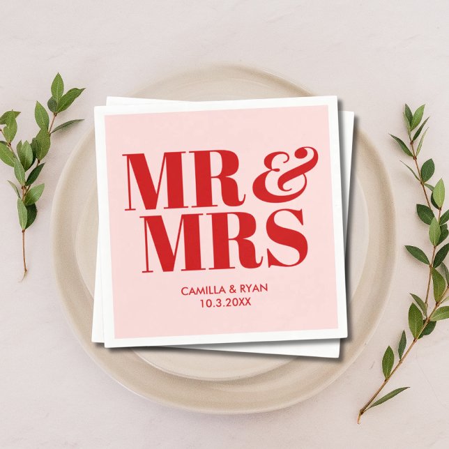 Guardanapos de casamento personalizados Rosa Mr &  (Pink Mr & Mrs Personalized Wedding Napkins)