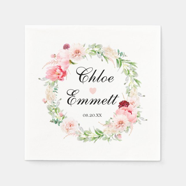 Guardanapos de casamento romântico com coração flo (Frente)
