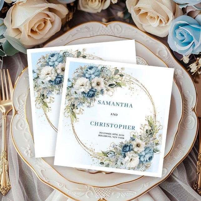 Guardanapos de casamento sofisticados em azul peôn (Sophisticated Blue Peony Gold Wedding Napkins)