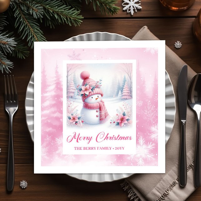 Guardanapos de Cena de Natal do Boneco de Neve Ros (Jolly Pink Snowman Christmas Scene Napkins Kids Holiday)