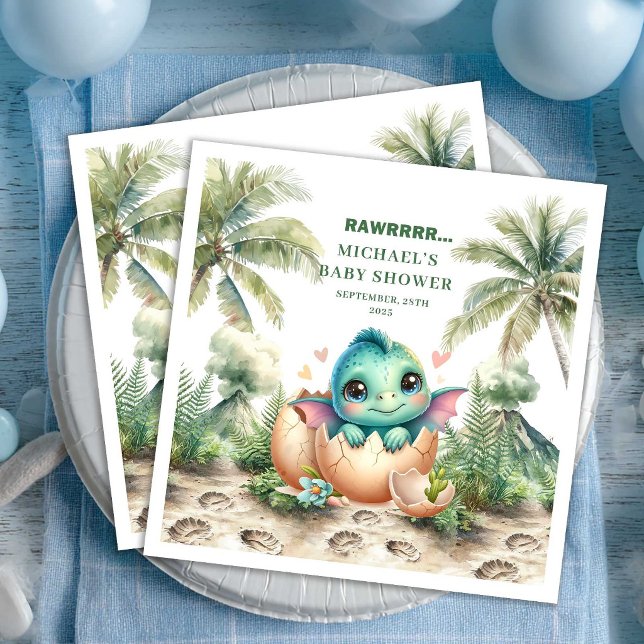 Guardanapos de Chá de Bebê Doce Dino Nascimento Pr (Sweet Dino Baby Shower Hatching Soon Name Napkins)