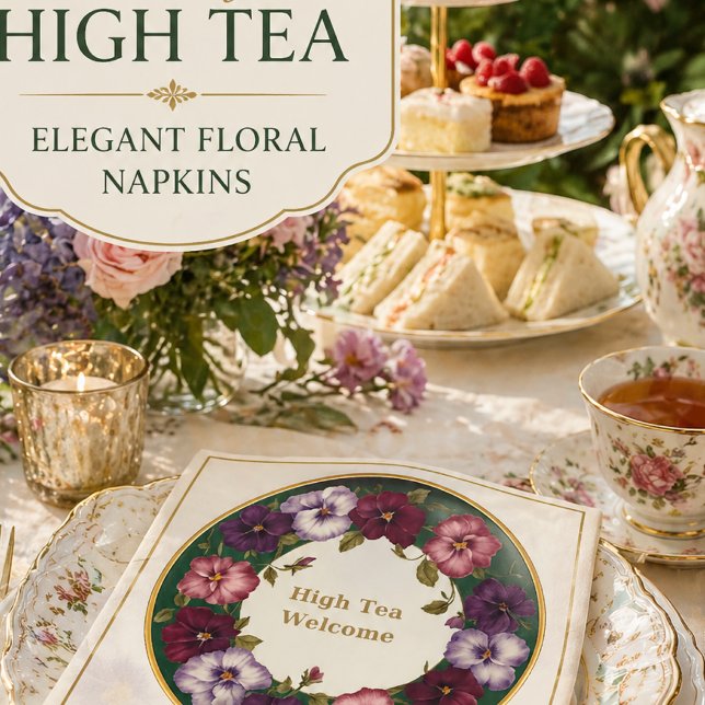 Guardanapos de Chá Vintage Pansy | Marfim e Dourad (Elegant floral napkins for high tea, garden parties, bridal showers and refined table settings.)