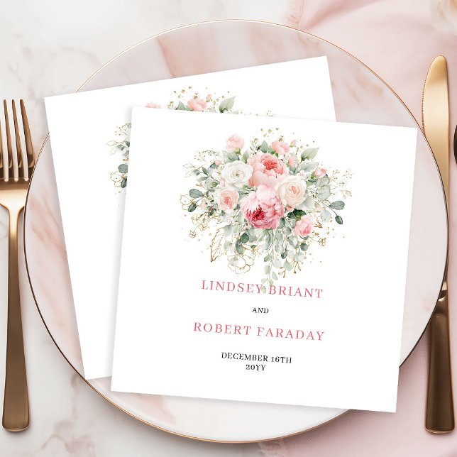 Guardanapos de Cocktail de Casamento Chic Blush Ro (Chic Blush Rose Greenery Wedding Cocktail Napkins)