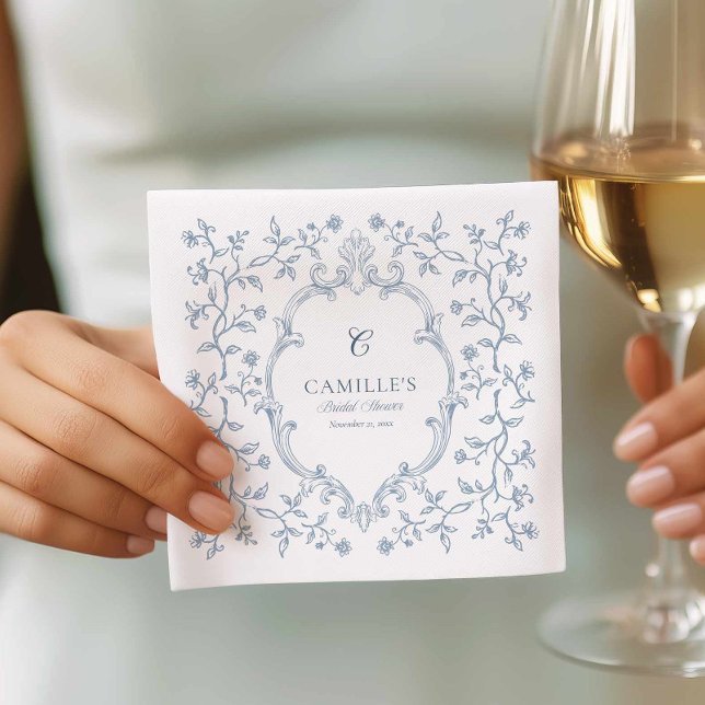 Guardanapos de Cocktail para Chá de Noiva Blue Cre (Blue Crest Monogram Bridal Shower Paper Napkins)