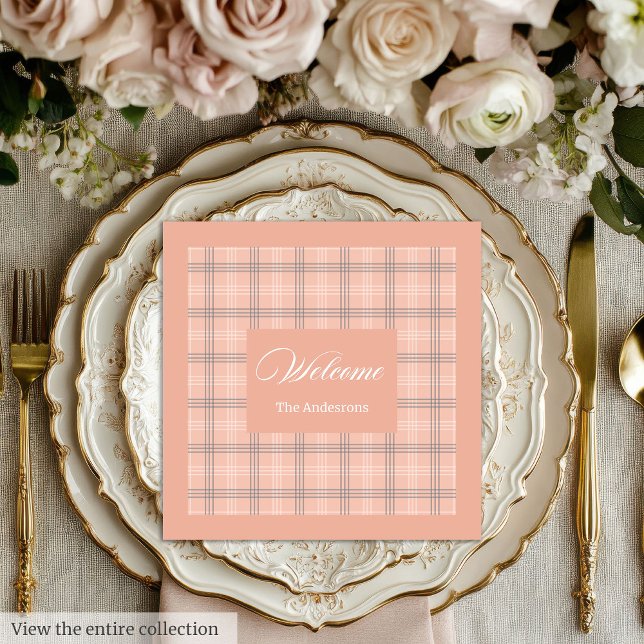 Guardanapos de Coral da Moda Conjuntos de Mesa Xad (Trendy Coral Napkins Personalized Plaid Table Set)