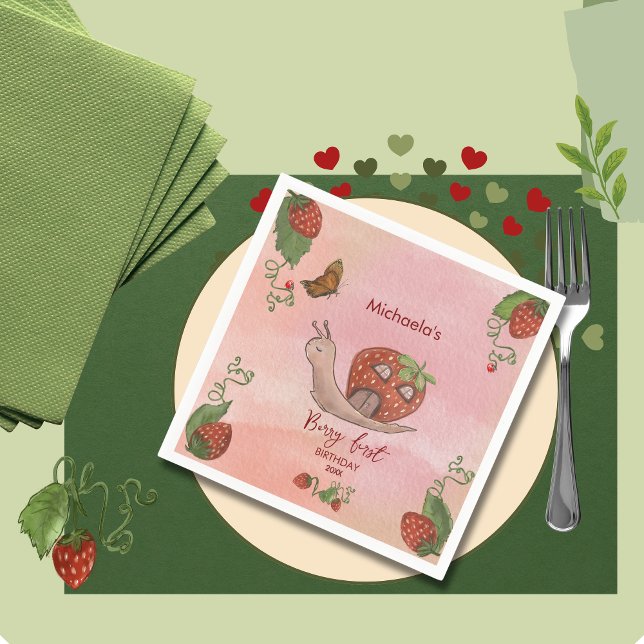 Guardanapos de festa 'Berry First' Caracol & Moran (Snail & Strawberry 'Berry First' Party Napkins)