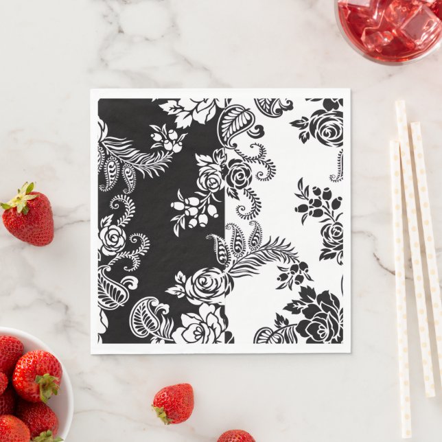 Guardanapos de festa florais preto e branco elegan (Insitu)