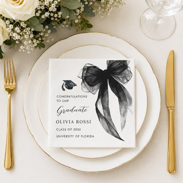 Guardanapos de Graduação Coquette com Laço Preto e (Modern watercolor black Bow Coquette graduation party Napkins)