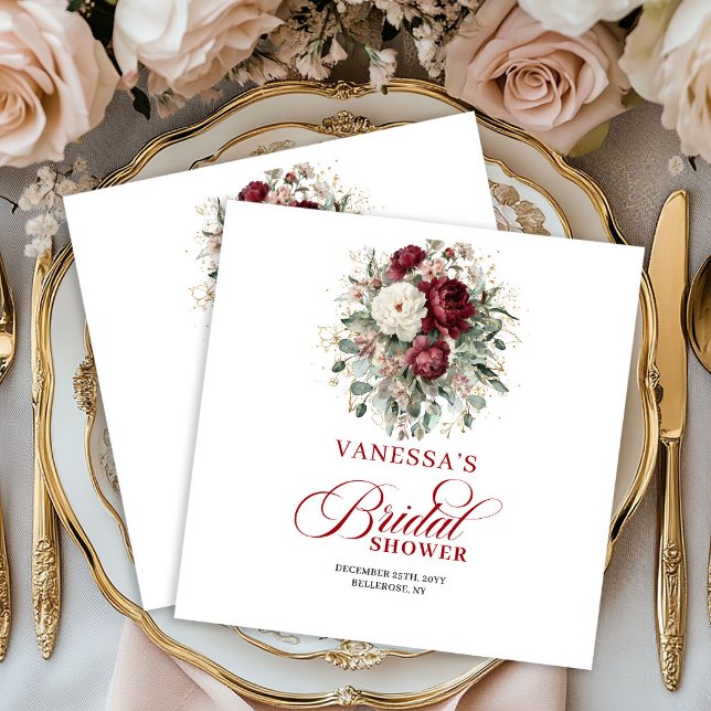 Guardanapos de Jantar Florais Dourados Refined Bur (Refined Burgundy Floral Gold Bridal Shower Napkins)