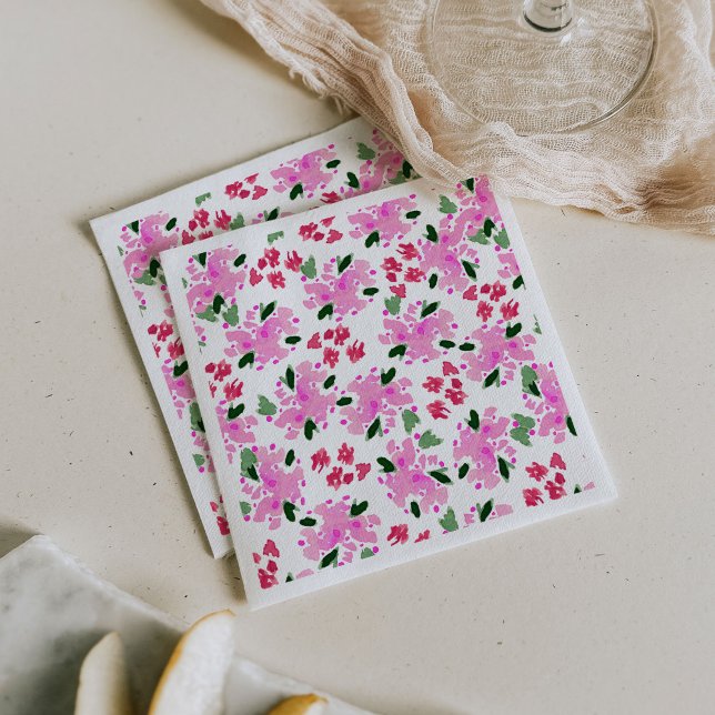 Guardanapos de Jardim Floral Aquarela Fúcsia (Fuchsia pink watercolor floral garden paper party napkins.)