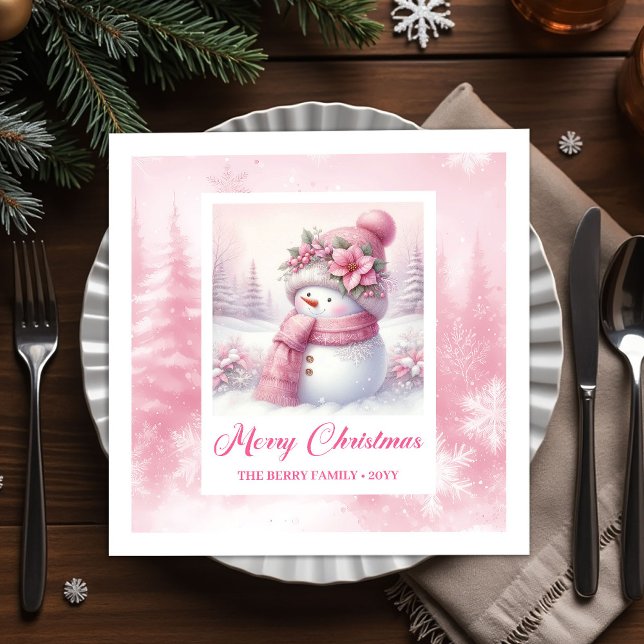 Guardanapos de Natal Cena do Boneco de Neve Rosa p (Pretty Pink Snowman Christmas Scene Napkins Kids Holiday)