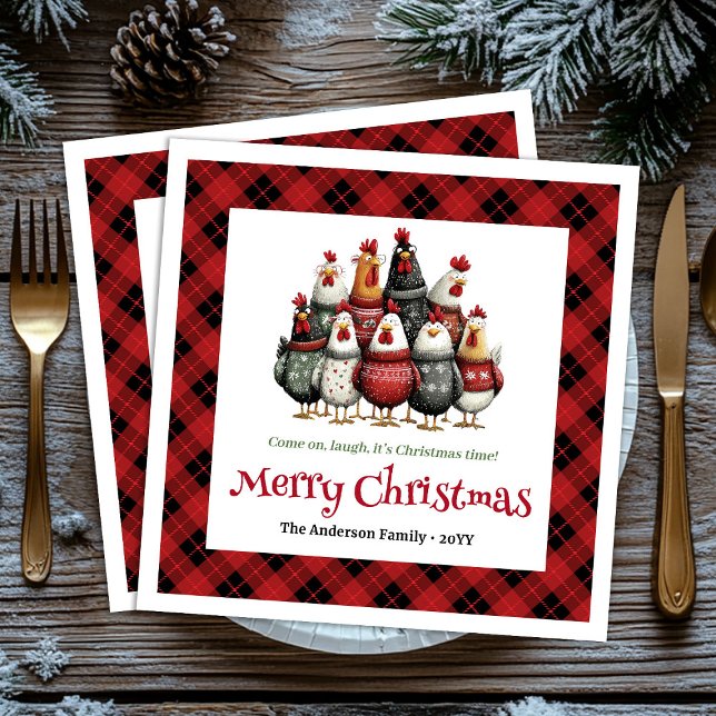 Guardanapos de Natal com galinhas caprichosas conj (Whimsical chickens holiday napkins custom name set)