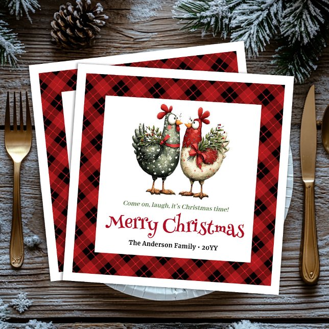 Guardanapos de Natal com galinhas caprichosas nome (Whimsical chickens Christmas napkins editable name)