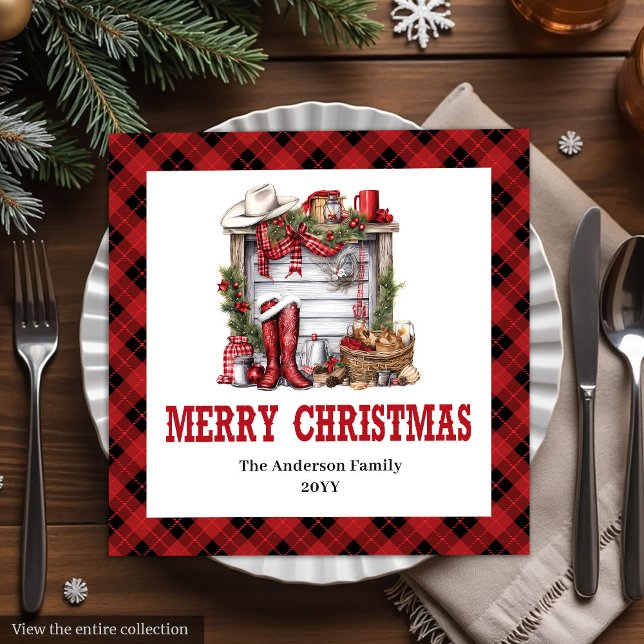 Guardanapos de Natal cowboy com design xadrez verm (Cowboy Christmas napkins red black tartan design

)
