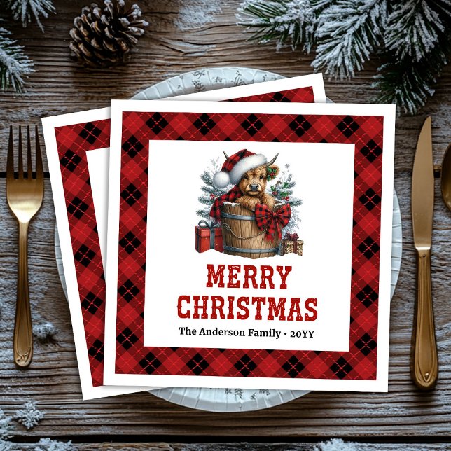 Guardanapos de Natal de vaca das Terras Altas acon (Cozy highland cow holiday napkins red black plaid custom

)