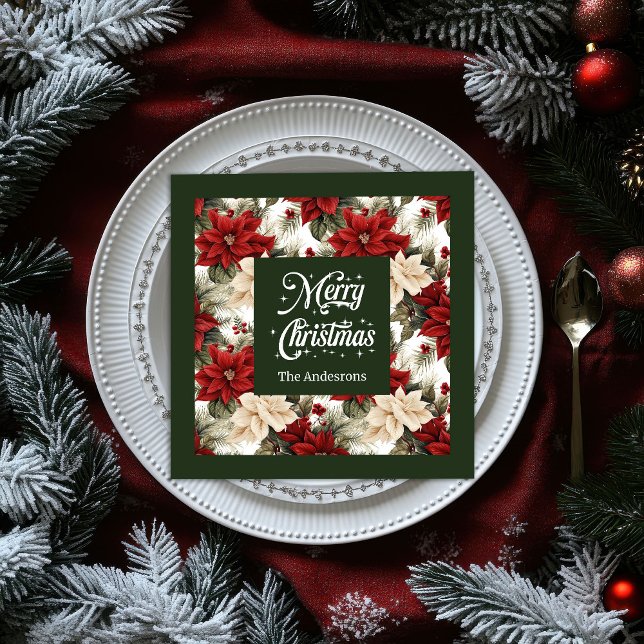 Guardanapos de Natal Elegantes com Nome Personaliz (Trendy Holiday Napkins Custom Name Poinsettia)