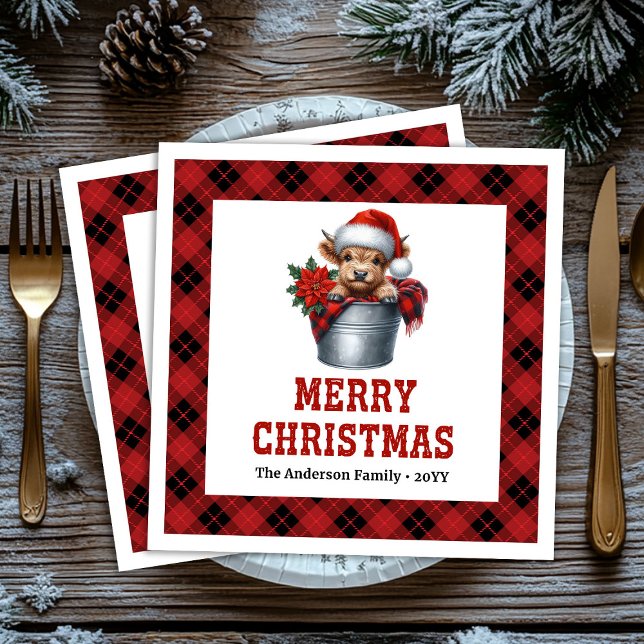 Guardanapos de Natal elegantes com vaca das Terras (Elegant highland cow Christmas napkins buffalo plaid decor

)