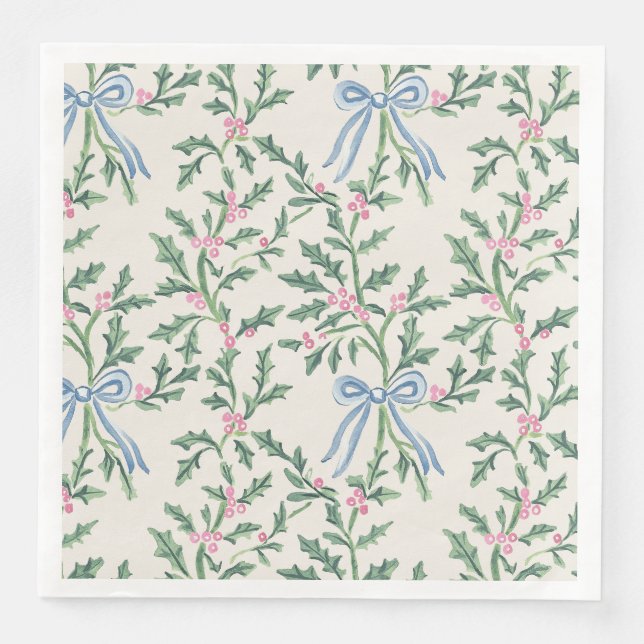Guardanapos de Natal Holly Vine Blue Bow Cream (Frente)